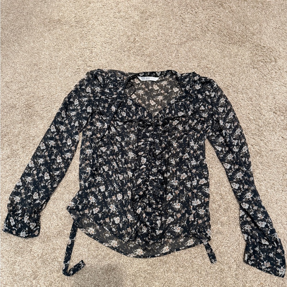 Zara Black Sheer Floral Ruffle Tie-Front Blouse